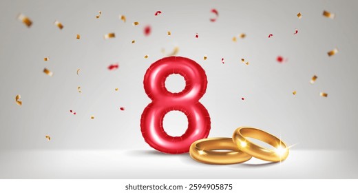 A red number 8 in the form of an inflatable balloon with two gold wedding rings, symbolizing the celebration of the eighth wedding anniversary, surrounded by colorful confetti, on light background.