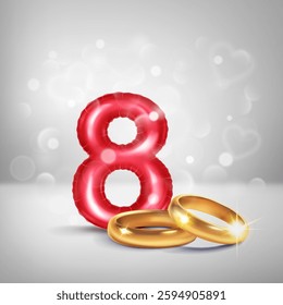 A red number 8 in the form of an inflatable balloon with two gold wedding rings, symbolizing the celebration of the eighth wedding anniversary, on a light background with small hearts flying around.