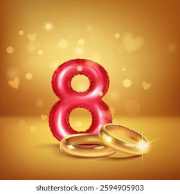 A red number 8 in the form of an inflatable balloon with two gold wedding rings, symbolizing the celebration of the eighth wedding anniversary, set on warm background with small hearts flying around.