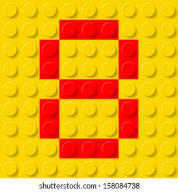 Red number eight in yellow plastic construction kit. Typeface  sample.