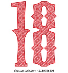 Red Number Eighteen With Slavic Ornament Vector Illustration. Number 18 With Slavic Embroidery Pattern
