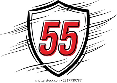 Red number fifty five inside a shield emblem with speed lines suggesting motion or velocity