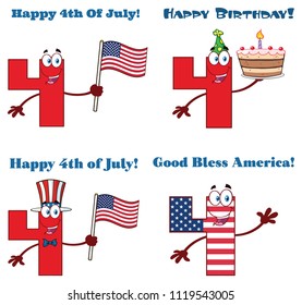 Red Number Four Cartoon Mascot Character Set 3. Vector Collection Isolated On White Background