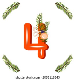 Red number four with green Christmas tree branch, ball and bow. Festive figure for Happy New Year and bright alphabet