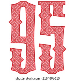 Red Number Ninety Five With Slavic Ornament Vector Illustration. Number 95 With Slavic Embroidery Pattern
