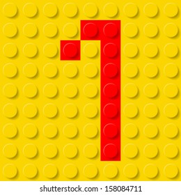 Red number one in yellow plastic construction kit. Typeface  sample.
