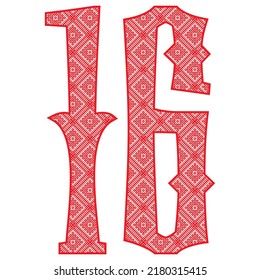 Red Number Sixteen With Slavic Ornament Vector Illustration. Number 16 With Slavic Embroidery Pattern
