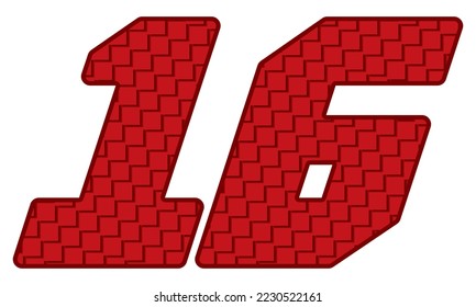 Red Number Sixteen Vector Illustration. Number 16 With Square Pattern
