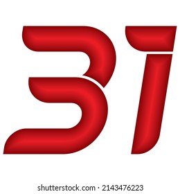 Red Number Thirty One Vector Illustration. Number 31 With Plastic Effect Isolated On A White Background
