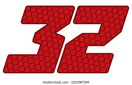 Red Number Thirty Two Vector Illustration. Number 32 With Square Pattern

