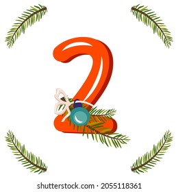 Red number two with green Christmas tree branch, ball and bow. Festive figure for Happy New Year and bright alphabet