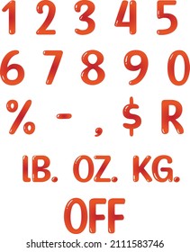 Red numbers from 0 to 9, 3D; vector; editable colors; percentage, subtraction, comma, dollar sign, reais, pounds, ounces, kilogram, off