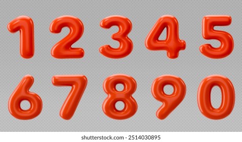 Red numbers from 0 to 9. Collection of voluminous inflated numbers from balloon. Set of bright bubble spherical figures. Realistic 3d design. vector illustration