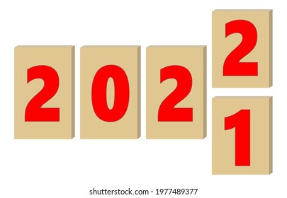 Red numbers 2021 rolling into 2022 cardboard boxes Simple flat vector illustration