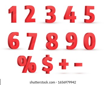 Red numbers. 3D realistic vector set. Perspective view. Percent sign, dollar sign, plus and minus.