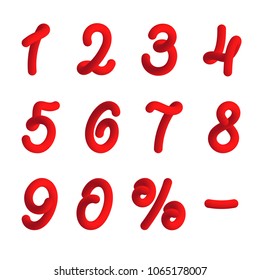 Red numbers in 3d style. Vector illustration of digits with liquid effect of red gradient in volumetric style. Isolated numerals on the white background