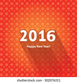Red numbers flat shadow on red background seamless pattern with white snowflakes. Happy New Year 2016. Vector illustration.