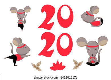 Red numbers on white background. The 2020 new year logo, and yoga mouse. Ready illustration for greeting cards, posters, stickers, Souvenirs, notebooks, calendars and design.Hand-drawn, cartoon,vector