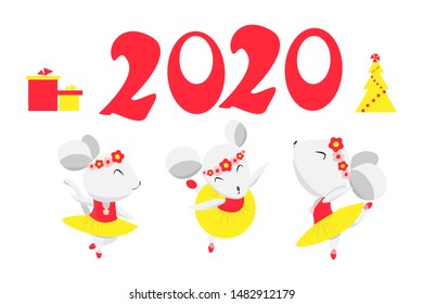 Red numbers on white background. The 2020 new year logo, and the Christmas ballerina mouse. Ready illustration, for greeting cards, posters, stickers, Souvenirs, notebooks, and design. Cartoon.Vector