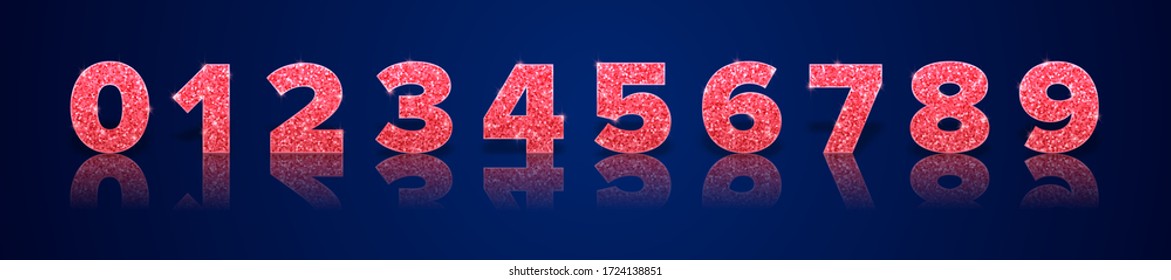 Red numbers with reflection and shadow in royal style on blue background for invitation card and sale banner. Holiday decoration. Vector isolated template.