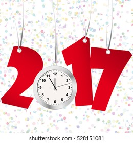 red numbers showing New Year 2017 with silver clock and confetti background