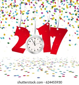 red numbers showing New Year 2017 with silver clock and confetti background