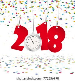 red numbers showing New Year 2018 with silver clock and confetti background