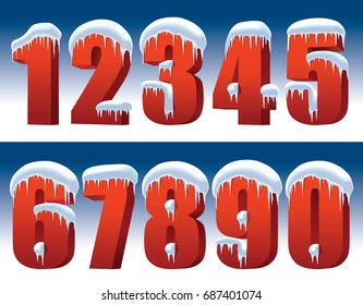 Red numbers with snow and icicles on a blue background perfect for New Year decoration