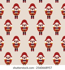 Red Nutcracker Seamless Pattern. Vector Illustration of Merry Christmas and Happy New Year Holiday Background. Winter Seasonal Greetings. Flat Style.