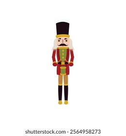 Red Nutcracker Soldier Drummer Object. Vector Illustration of Merry Christmas and Happy New Year Holiday Concept. Winter Seasonal Greetings. Flat Style. Isolated over White.