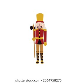 Red Nutcracker Soldier Lumberjack Object. Vector Illustration of Merry Christmas and Happy New Year Holiday Concept. Winter Seasonal Greetings. Flat Style. Isolated over White.