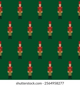 Red Nutcracker Soldier Seamless Pattern. Vector Illustration of Merry Christmas and Happy New Year Holiday Background. Flat Style.