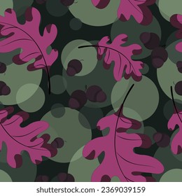 Red oak leaf. Vector autumn background. Oak leaves swirl and fall. Red foliage and acorns on a green background. Seamless pattern. Vector illustration