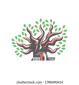Red oak Residence or Home Vector Logo. Design template of oak tree and house that made. it's good for symbolize a property or housing business. vector illustration