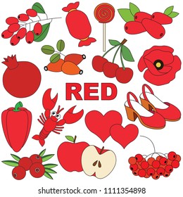 Red Objects Color elements set, collection of coloring book template, the group of outline digital elements vector illustration, kid educational game page.