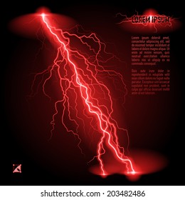 Red oblique branchy lightning line. Illustration with space for text