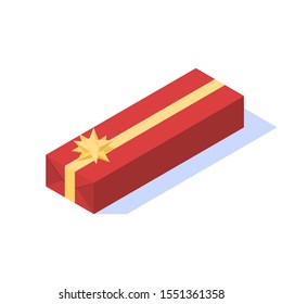 Red oblong gift box with gold ribbon on white background. Vector isometric illustration.