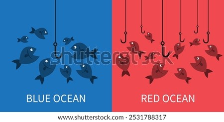 red ocean and blue ocean business strategy fish and hook. mass and niche market. vector illustration flat design.