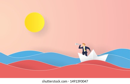 Red ocean and Blue ocean concept inspiration business, Paper layer cut, Craft vector 