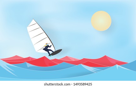 Red ocean and Blue ocean concept inspiration business, Paper layer cut, Craft vector