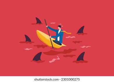 Red ocean market, high competition industry with too many competitors, intense market with challenge or difficult to success concept, businessman in kayak trying to survive in red ocean with sharks.