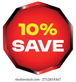 Guardar Una forma de octágono rojo con un borde metálico muestra el texto amarillo "10%" y el texto...