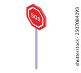 Red octagon sos sign standing on a metal pole, isometric icon