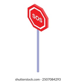 Red octagon sos sign standing on a metal pole, isometric icon