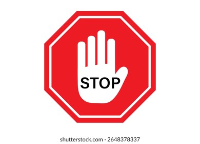 Red Octagon Stop Sign with White Hand Symbol. Stop Hand Symbol for Prohibited Activities.