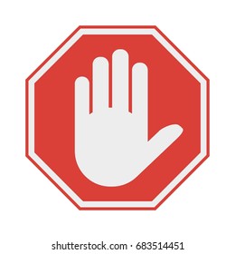 Red octagonal stop sign arm. Stop hand symbol for prohibited activities. No entry. Vector illustration