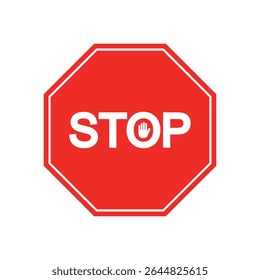 Red octagonal stop sign with bold white text and hand symbol. Flat vector illustration perfect for traffic signs, road safety graphics, caution messages, and user interface alerts.