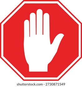 Rotes, achteckiges Stoppschild-Symbol mit weißem Handzeichen für Verkehrssicherheit und Warnung, einzeln auf weißem Hintergrund.