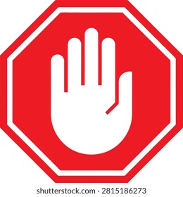 Red octagonal stop sign with a white hand gesture, isolated on a white background, representing a warning to halt or stop movement