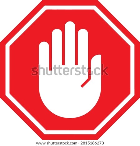 Red octagonal stop sign with a white hand gesture, isolated on a white background, representing a warning to halt or stop movement